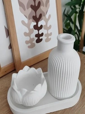El Yapımı Taş Tozu Dekorstif 3'lü Vazo,lotus ve Tabak Seti Hediyelik Modern Salon ve Ev Dekorasyon Objesi