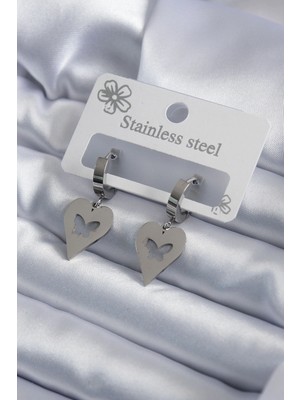 Pazarcan 316L Çelik Gümüş Renk Kalp Model Işleme Kadın Küpe