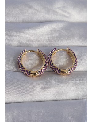 Pazarcan Pirinç Gold Renk Mor Etnik Desenli Halka Küpe