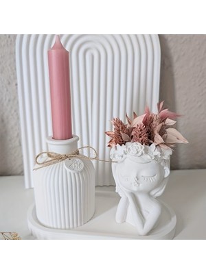 El Yapımı Taş Tozu Dekorstif 3'lü Vazo,sevimli Kız ve Tabak Seti Hediyelik Modern Salon ve Ev Dekorasyon Objesi