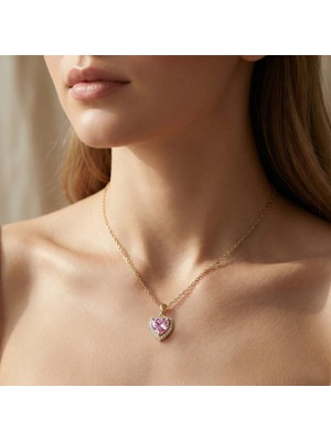 Vaoov 14 Ayar Altın Kaplama Çelik Pembe Taşlı Kalp Kolye