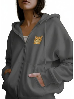 Muhtar Store Kadın Sarman Kedi Baskılı Tam Boy Fermuarlı Oversize Hoodie