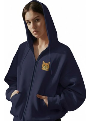 Muhtar Store Kadın Sarman Kedi Baskılı Tam Boy Fermuarlı Oversize Hoodie