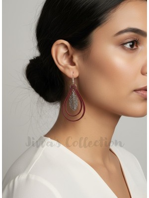 Jivva's Collection Etnik Boho Serisi Koleksyonu. Damla Şeklinde Bordo Deri Püskül Küpe. El Yapımı Özel