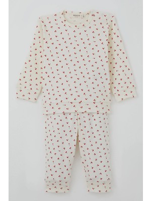 Breeze Kız Bebek Pijama Takımı Omuzdan Patlı Kiraz Desenli 4 Ay-1 Yaş, Krem