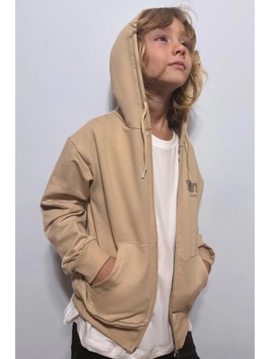 Alg Erkek Çocuk Hırka Kapüşonlu Arka Kısmı Baskı Detaylı 6-9 Yaş, Bej