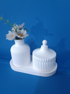 El Yapımı Taş Tozu Dekorstif 3'lü Vazo,lokumluk ve Tabak Seti Hediyelik Modern Salon ve Ev Dekorasyon Objesi