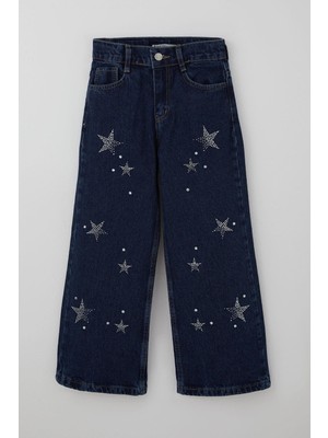 Breeze Kız Çocuk Jean Pantolon Taşlı Yıldız Aksesuarlı 5-9 Yaş, Koyu Mavi