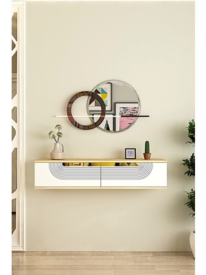 Ceneyra DA1202DBG - Meyra Dresuar, Antre Hol Rafı, Ayaksız Tv Sehpası Safirmeşe-Beyaz-Gold