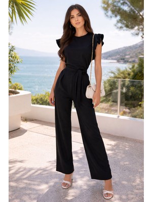 Kadın Omuz Fırfırlı Kuşaklı Krep Kumaş Tulum