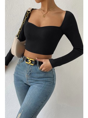 MTM My The Mall Giyim Kadın Siyah Uzun Kol Göğüs Dekolteli Şık Crop Top Bluz