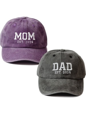 Nome Studio Nakışlı Şapka Mom Dad Anne Baba Şapka 2li Paket Yıkamalı Kumaşlı ve Yazı Nakışlı Şapka Pamuklu Siperlikli Ayarlı Şapka Günlük Tarz Eğlenceli Kep