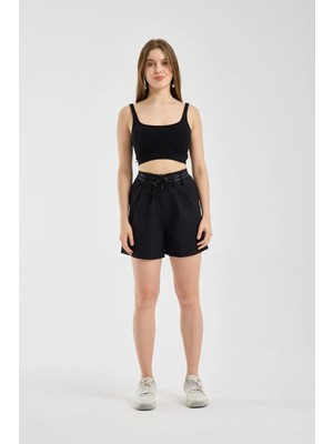 Winmoda Yüksek Bel Pileli  Bağcıklı  Mini Şort  ve Çift Biye Kemerli, Cepli, Günlük ve Fitness Uyumlu