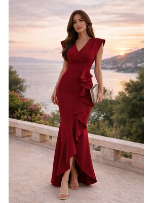 Kruvaze Yaka Eteği Volanlı Abiye Mezuniyet Nikah Elbis