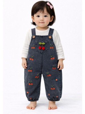 Kiraz Nakışlı Kot Kumaş Mevsimlik 2li Salopet Set