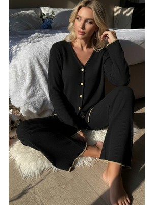 MTM My The Mall Giyim Premium Kadın Fitilli Pijama Takımı – Siyah Gold Biye Detaylı, Yumuşak Dokulu Ev Şıklığı