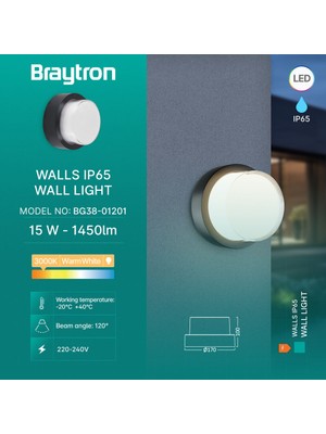 Braytron Walls 15W Siyah Oval Dış Mekan LED Aplik - 1450 Lümen - IP65 - 3000K / 4000K