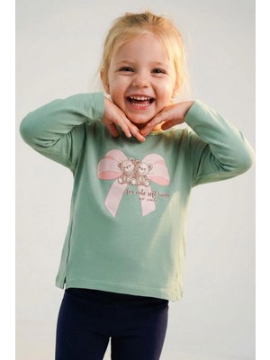 Breeze Kız Çocuk Uzun Kollu Tişöt Arkadaş Temalı Minnoş Ayıcıklar 3-8 Yaş, Su Yeşili