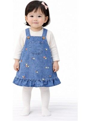 Kız Bebek Kot Salopet Elbise Cicek Detaylı, Bluzlu Takım