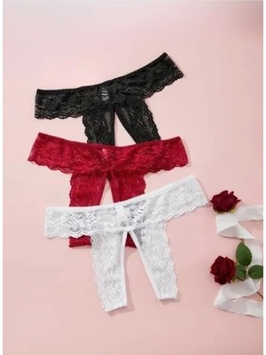 MTM My The Mall Giyim Fantezi Kadın 3'lü Özel Bölgeleri Açık Dantelli Tanga Seti