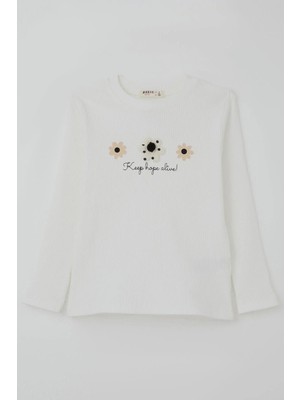 Breeze Kız Çocuk Uzun Kollu Tişört Çiçek Aplike Armalı Yazı Baskılı 5-9 Yaş, Beyaz