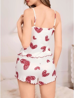 MTM My The Mall Giyim Kadın Beyaz Kalp Desenli Şortlu Gecelik Pijama Takımı 5052