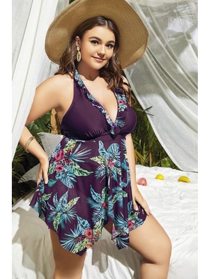 MTM My The Mall Giyim Büyük Beden Mor Üstüne Çiçek Desenli Boyundan Bağlamalı Elbise