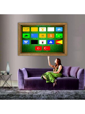 Lioncraft 17 Büyük Türk Devletleri Bayrağı Tablo, Çerçeveli Cam Tablo 60X90 cm