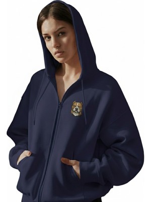 Muhtar Store Kadın Pitbull Köpek Baskılı Tam Boy Fermuarlı Oversize Hoodie