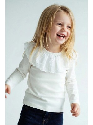 Breeze Kız Çocuk Uzun Kollu Tişört Yaka Kısmı Güpür Detaylı Nakışlı 2-6 Yaş, Ekru