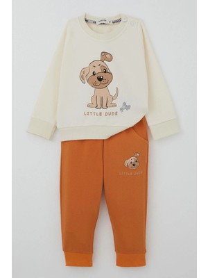 Breeze Erkek Bebek Eşofman Takımı Sevimli Köpekçik Baskılı 6 Ay-2 Yaş, Krem