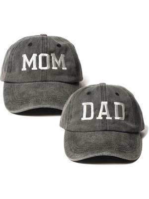Nome Studio Nakışlı Şapka Mom Dad Anne Baba Şapka 2li Paket Yıkamalı Kumaşlı ve Yazı Nakışlı Şapka Pamuklu Siperlikli Ayarlı Şapka Günlük Tarz Eğlenceli Kep