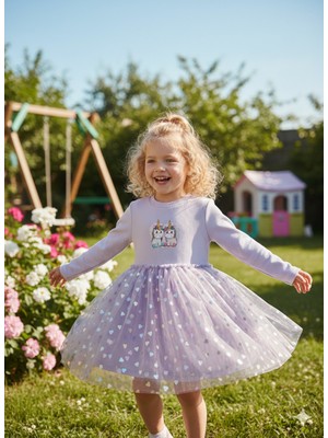 Dudese Kız Çocuk Unicorn Baskılı Kalp Detaylı Tütülü Elbise - Lila