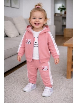 Myprettybaby Kedicik Nakışlı %100  Pamuk Kapüşonlu Fermuarlı Kız Bebek 3'lü Takım