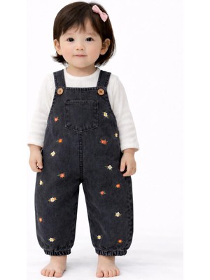 Renkli Çiçek Nakışlı Kot Kumaş Mevsimlik 2li Salopet Set