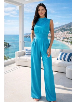 Halter Yaka Bol Paça Saten Tulum Mavi