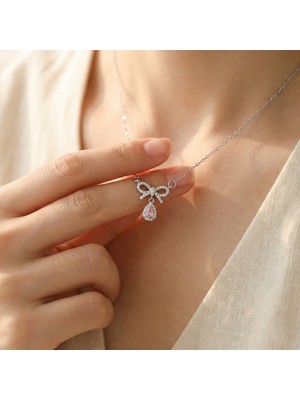 Vaoov Pembe Damla Taşlı Çelik Kurdele Kolye