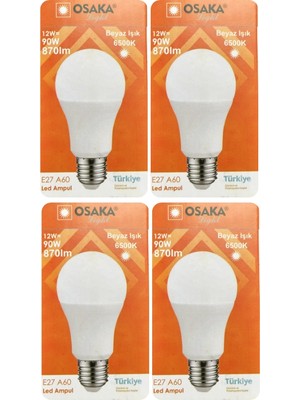 Avarson (4 Adet) Osaka 12W (90W) Beyaz Işık (6500K) E27 Duylu (Kalın Duy) LED Ampul