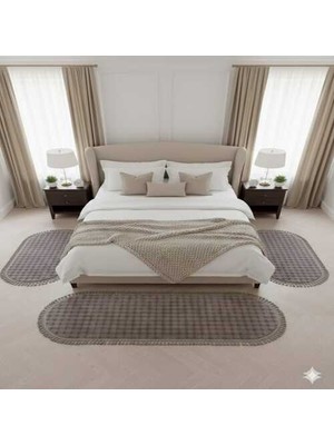 Altun Carpet Modern 3lü Set Tatak Odası  Sütlü Kahave Babıl Pelüş Ponpon Saçaklı Kaymaz Halı 13ML  Hav Yuksekliği 2.2 Kalınlık