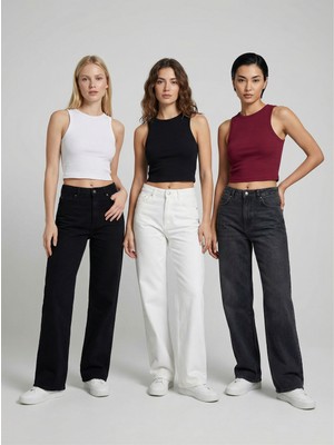 Sparrow 3'lü Siyah-Beyaz-Bordo Fitilli Slimfit Halter Yaka Crop Atlet