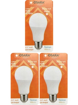 Avarson (3 Adet) Osaka 12W (90W) Beyaz Işık (6500K) E27 Duylu (Kalın Duy) LED Ampul