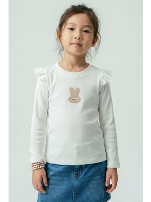 Breeze Kız Çocuk Uzun Kollu Tişört Tavşan Aplike Armalı Çiçekli 2-6 Yaş, Ekru