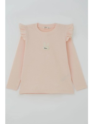 Breeze Kız Çocuk Uzun Kollu Tişört Tavşan Aplike Armalı Çiçekli 2-6 Yaş, Pudra