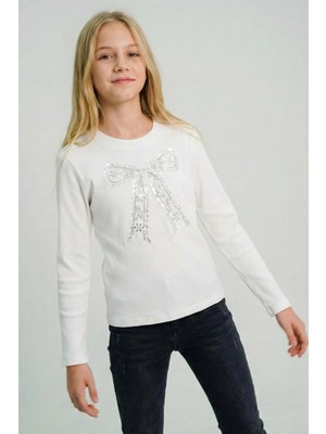 Breeze Kız Çocuk Uzun Kollu Tişört Incili Pullu Fiyonk Armalı 9-14 Yaş, Beyaz