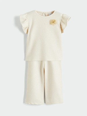 LC Waikiki Lcw Baby Bej Çiçek Aplikeli Fırfırlı Kız Bebek Bluz ve Tayt