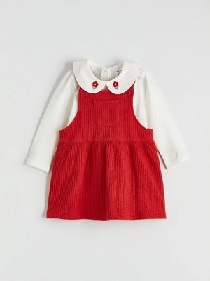 LC Waikiki Lcw Baby Kırmızı Bebe Yaka Nakışlı Kız Bebek Bluz ve Salopet Elbise