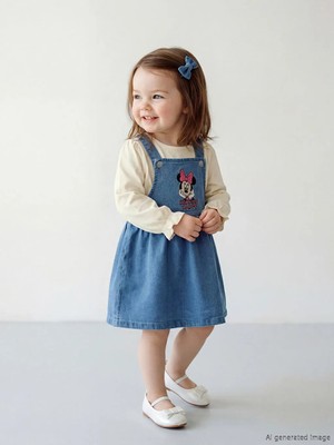 LC Waikiki Lcw Baby Indigo Minnie Mouse Nakışlı Kız Bebek Jean Salopet Elbise ve Tişört