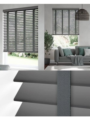 YS Perde Tasarım Wooden Blinds %100 Doğal Ahşap Jaluzi Perde , 50MM Alüminyum Kasalı Yüksek Kaliteli - Koyu Gri Kurdelalı QHKG-V714