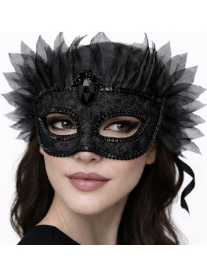 Marsilyan Siyah Taşlı Venedik Maskesi Lüks Tüllü Parti Maskesi