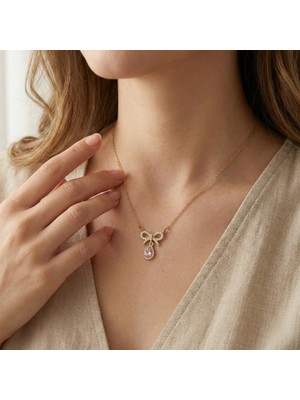 Vaoov Altın Kaplama Pembe Damla Taşlı Çelik Kurdele Kolye